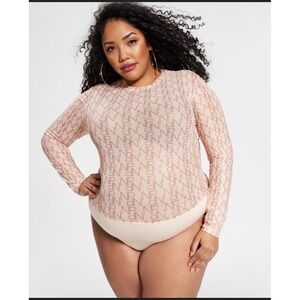 Nina Parker x Macys Trendy Plus Size‎ 1X Pink NP Print Mesh Long Sleeve Bodysuit